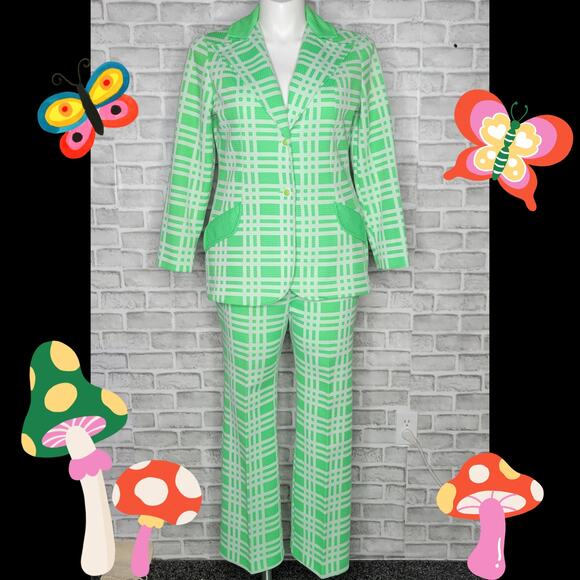 Vintage Neon Green/White Plaid & Polka Dot 3 Piece Set - Picture 4 of 10